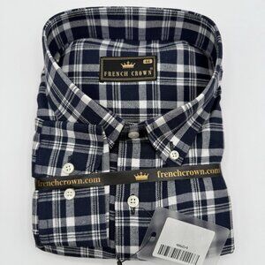 French Crown Plaid Button-Down Shirt, Preppy, Men’s Size 17.5/44cm/XL Navy Blue